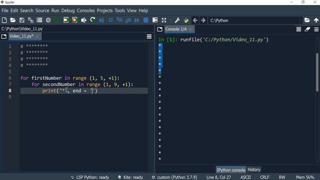 Python 11: Nested for loops to print a square shape using asterisks (*) and print on the same line смотреть онлайн