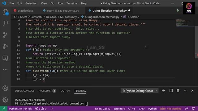 y=2x^2+5\log _e\left(x\right)-\frac{\sqrt{x}}{\pi } equation in python using Bisection with numpy смотреть онлайн
