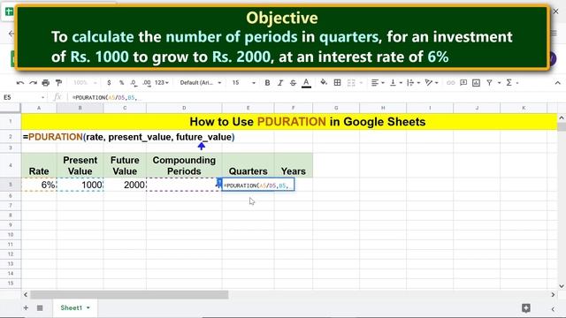 Google Sheets | PDURATION Function | Calculate No. of Periods for Investment to Grow | Spreadsheet смотреть онлайн