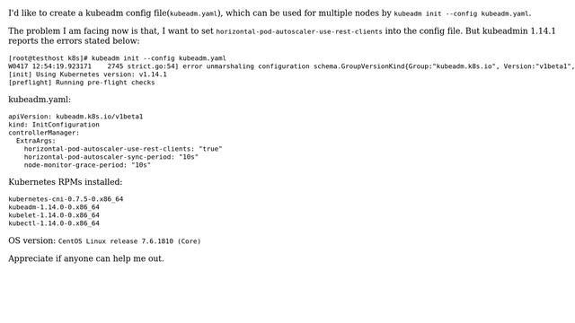 How to write kubeadm 1.14.1 config file to set horizontal-pod-autoscaler-use-rest-clients to true? смотреть онлайн