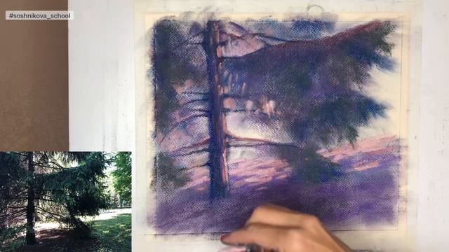HOW TO DRAW TREES WITH SOFT PASTELS / Как рисовать деревья сухой пастелью. Пейзаж с елью смотреть онлайн