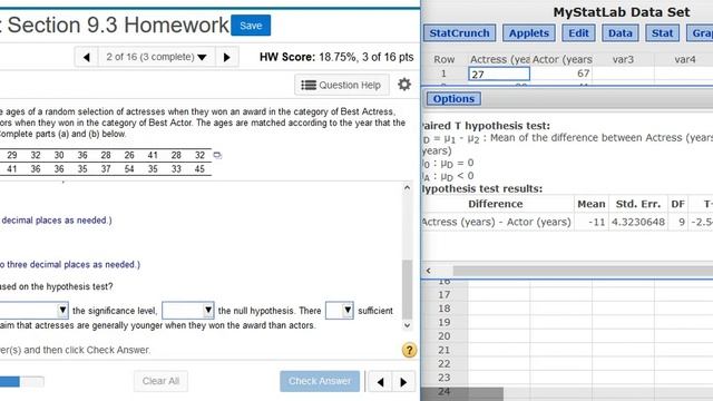 Using StatCrunch to perform hypothesis testing on two matched pair means of acting award ages смотреть онлайн