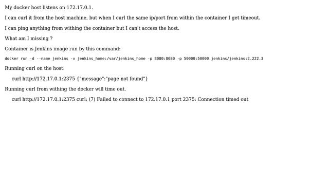 DevOps & SysAdmins: Can't ping / access docker host on 172.17.0.1 from inside a container смотреть онлайн