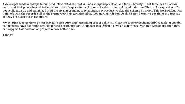 Databases: SQL 2008 R2 Merge Replication - Clearing Skipped Schema Changes смотреть онлайн