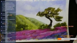 Пейзаж с розовыми цветами гуашью (часть 1)