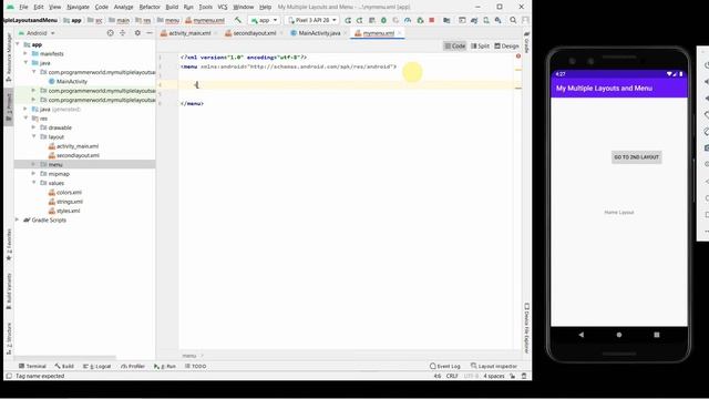How to create multiple layouts and menu items in your Android App? - Switch layouts and exit menu смотреть онлайн
