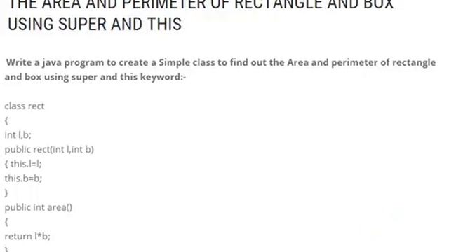 JAVA PROGRAM TO CREATE A SIMPLE CLASS TO FIND OUT THE AREA AND PERIMETER OF RECTANGLE AND BOX USING смотреть онлайн