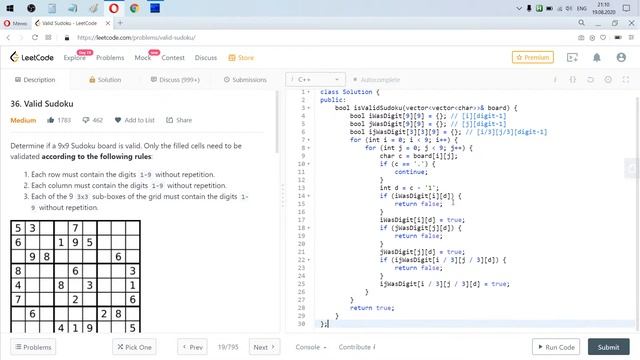 Разбор задачи 36 leetcode.com Valid Sudoku. Решение на C++ смотреть онлайн