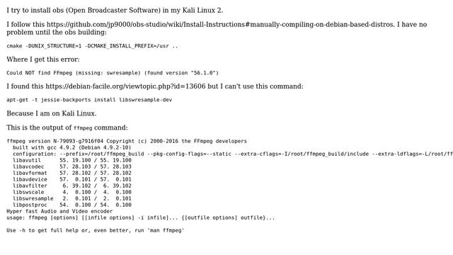 Could NOT find FFmpeg (missing: swresample) (found version "56.1.0") смотреть онлайн