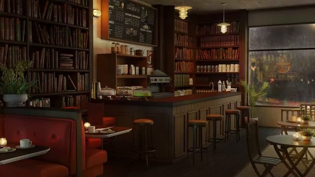 Bookstore Cafe Ambience - Background Relaxing Jazz Music With Rain Sounds To Rel.mp4
