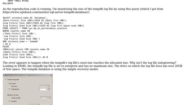SQL Server tempdb log file isn't autogrowing, instead getting error "The transaction log for... смотреть онлайн
