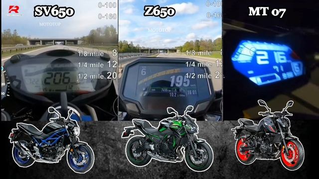 Suzuki SV650 ?️ Kawasaki Z650 ?️ Yamaha MT 07 | Stock Acceleration Top Speed