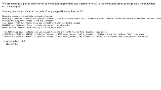 kubernetes gluster volume failing to mount with error "failed to get the 'volume file' from server" смотреть онлайн