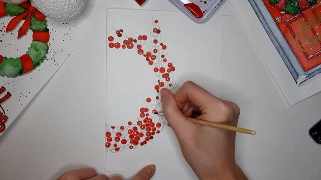 Новогодний венок из красных ягод акварелью | Watercolor Christmas Wreath