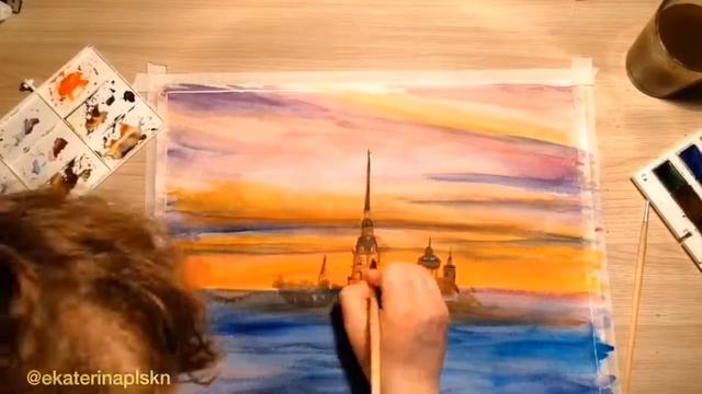 Пейзаж акварелью. Питер. Разводные мосты. Шпиль адмиралтейства. смотреть онлайн