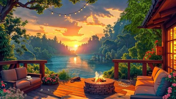 Cozy Summer Lake View   Crackling Fire, and Calming Nature Sounds for Relaxation ~ Heals Bird Sounds