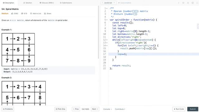 LeetCode 54 Spiral Matrix in javascript смотреть онлайн