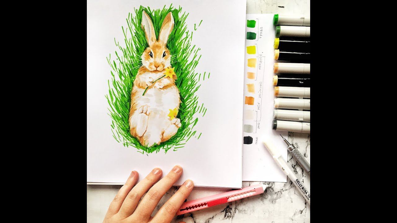 Скетчинг маркерами. Рисуем зайчика в цветах смотреть онлайн