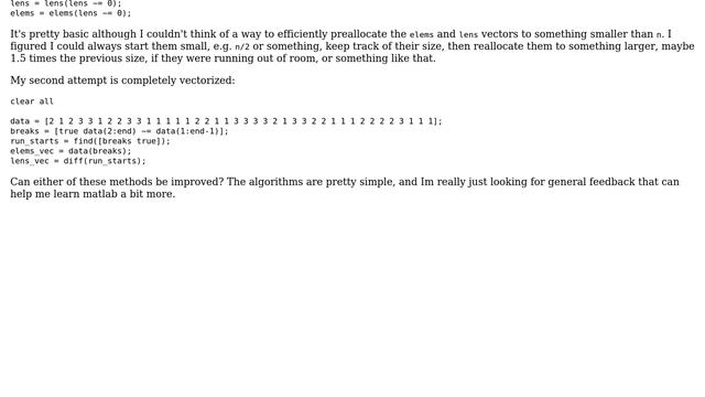 Code Review: Run length encoding of vectors in MATLAB: looped version and vectorized version смотреть онлайн