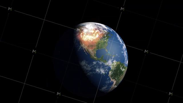 Satellite view of majestic devastating explosion after asteroid hits planet earth. 3D realistic смотреть онлайн