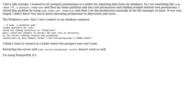 Databases: Cannot start psql with user postgres "Could not change directory to /home/user " смотреть онлайн