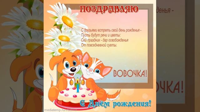 Поздравляю, Вовочка, с днем рождения! Открытка с котиком, собачкой, ромашками и стихами с музыкой. смотреть онлайн
