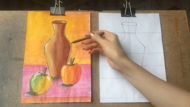 Здравствуйте. Тема « Ваза с яблоком» от 15.01.21 натюрморт. Акварель,гуашь. смотреть онлайн