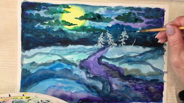 Загадочный зимний лес! Рисование акварелью и гуашью смотреть онлайн