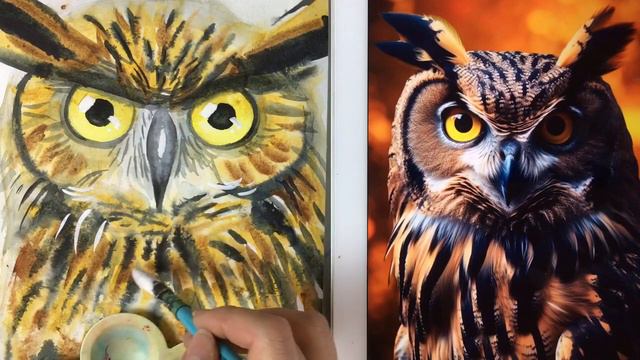 Как нарисовать сову акварелью. Финал (детали, белая гуашь) #рисование смотреть онлайн