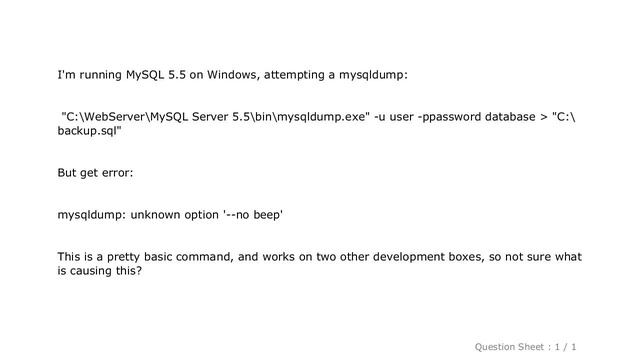 MySQL : mysqldump unknown option no beep смотреть онлайн
