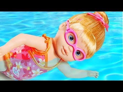 Real swimming Baby doll! Baby Born Can Swim Toddler Swims in Pool, kids play toys video for kids смотреть онлайн