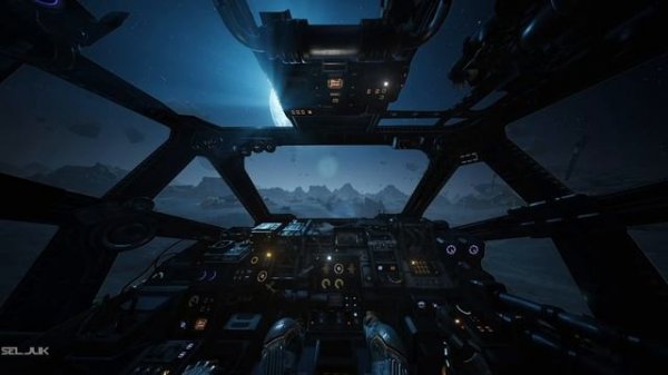 Spaceship Patrol Flight Over The Alien Planet Moon. Sci-Fi Ambience 4K UHD