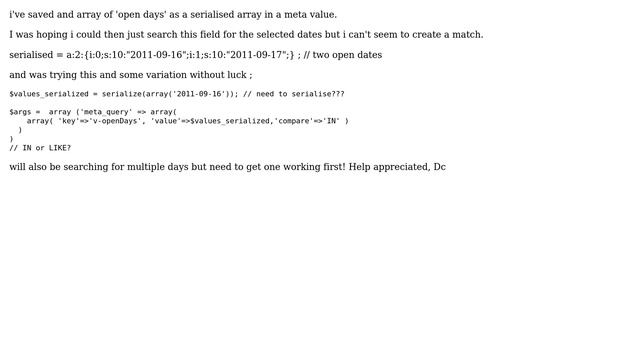 Wordpress: search serialised meta_value for date value? смотреть онлайн