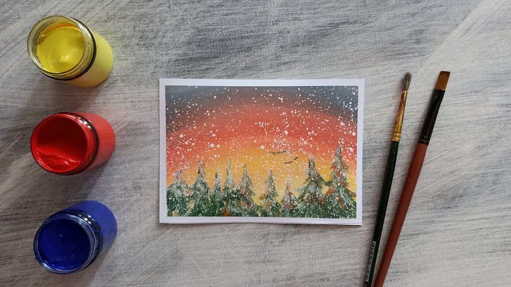 Елки на закате. Правополушарная живопись гуашью смотреть онлайн