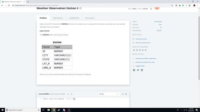 HackerRank SQL Practice Weather Observation Station 3 - Select Distinct and Modulus SQL - Learn SQL смотреть онлайн