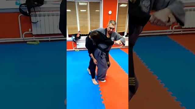 Поделом локтя в стойке, бросок подхватом в Хапкидо.