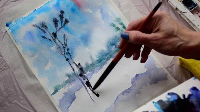 Учимся рисовать весенний пейзаж. Уроки рисования #выпуск№3 смотреть онлайн