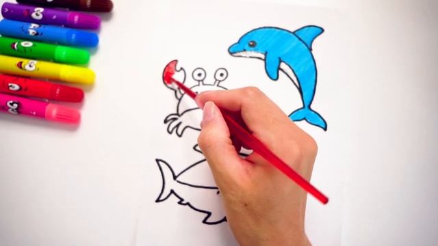 Как нарисовать ДЕЛЬФИНА, КРАБА, АКУЛУ..How to draw a dolphin, crab, shark. Расунок поэтапно. смотреть онлайн