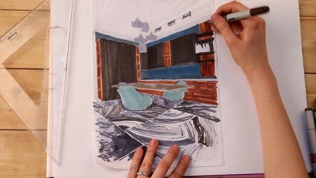 Как рисовать мрамор маркерами. Интерьерный скетчинг. смотреть онлайн
