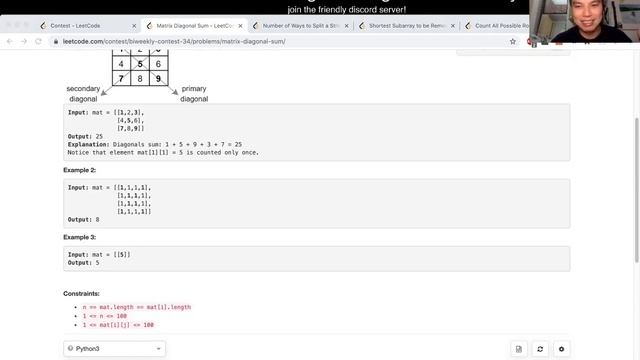 1572. Matrix Diagonal Sum (Leetcode Easy) смотреть онлайн