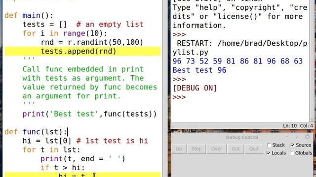 Python List in debug window смотреть онлайн