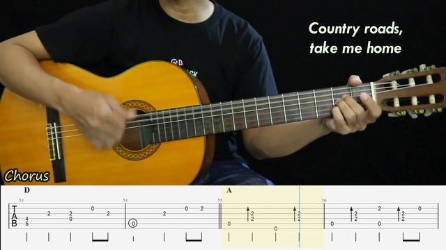 Take Me Home, Country Roads - John Denver - Fingerstyle Guitar Tutorial TAB + Chords + Lyrics смотреть онлайн