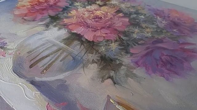 Картина маслом на холсте Натюрморт с пионами 40х40 Oil painting on canvas Still life with peonies смотреть онлайн