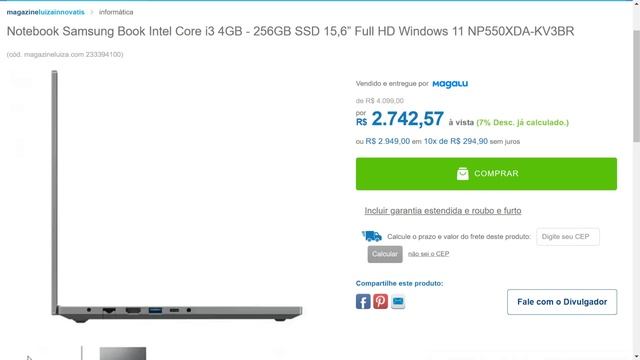 Notebook Samsung Book Intel Core i3 4GB - 256GB SSD 15,6” Full HD Windows 11 NP550XDA-KV3BR смотреть онлайн