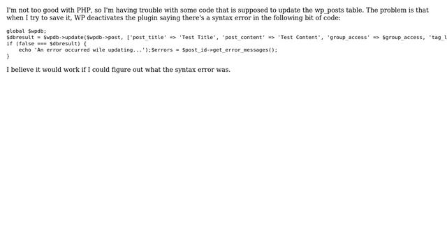 Wordpress: PHP syntax error when using wpdb update? смотреть онлайн