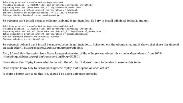 Ubuntu: How to install odbcinst and odbcinst1debian2 via dpkg -i, when they depend on each other? смотреть онлайн