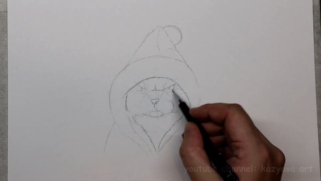 Как нарисовать новогоднего кота в шапке карандашом смотреть онлайн
