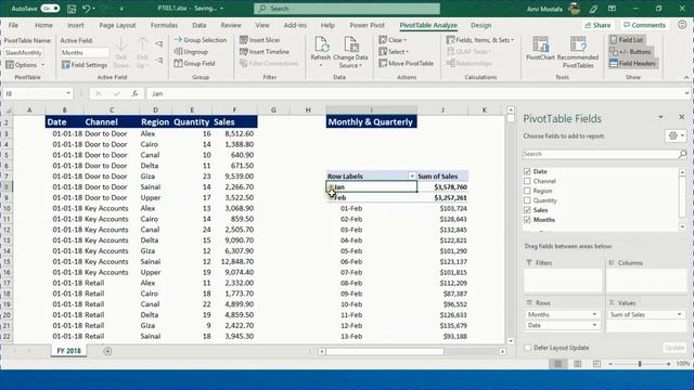 PT03.1: Excel Pivot Tables - Grouping of Date, Create weekly, monthly and quarterly sales report. смотреть онлайн