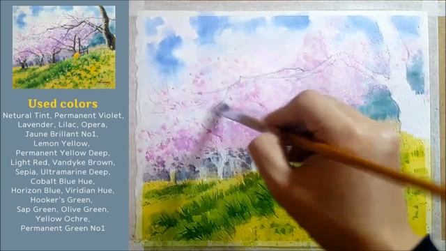 Watercolor healing landscape painting | Title: Cherry blossom and rapeseed flower [ART JACK] смотреть онлайн