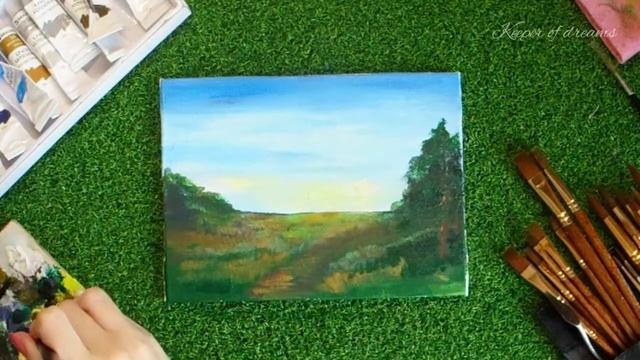 Как нарисовать поле с берёзами и соснами акриловыми красками. Рисуем поэтапно вместе смотреть онлайн